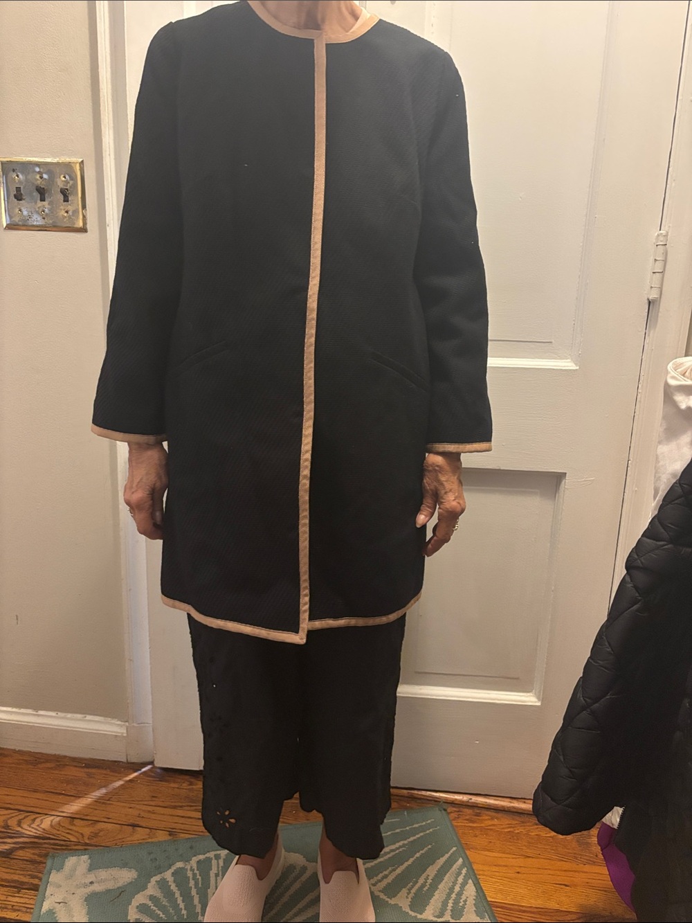 Classic 3/4 Length Black Coat with Camo Grogram  Trim - Women's Jacket
